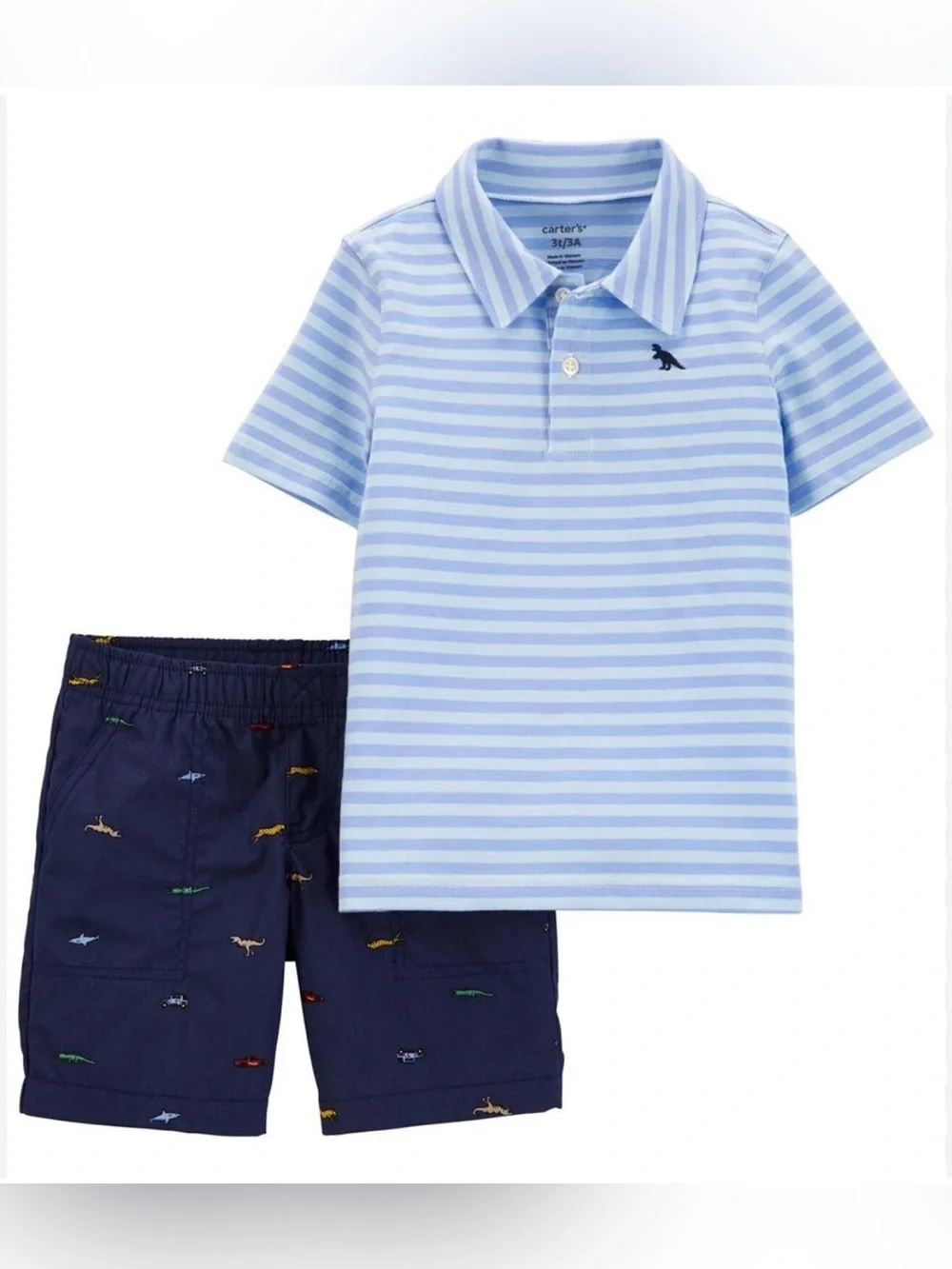 Carter's Light Blue & White Striped Polo with Navy Dino Shorts